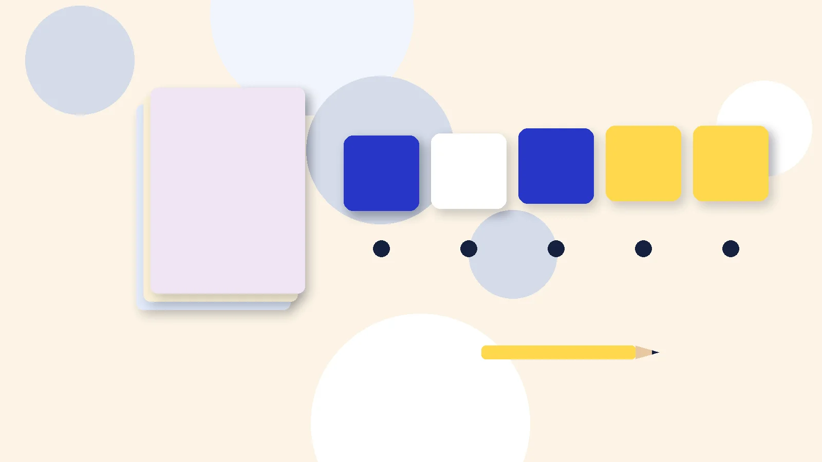 Illustrative graphic: blank colored tiles above sound dots, a stack of blank booklets and a pencil. No text.
