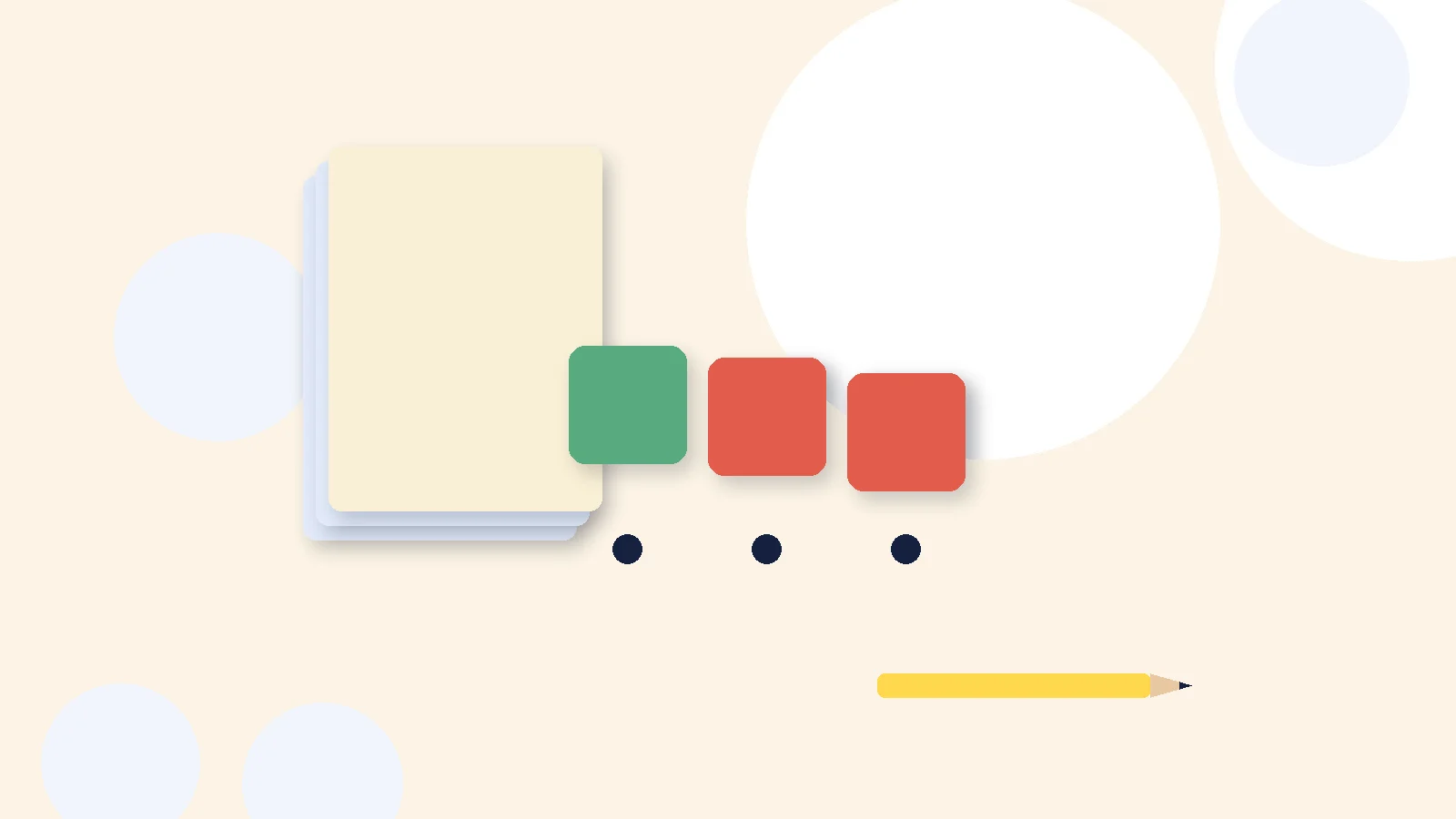 Illustrative graphic: blank colored tiles above sound dots, a stack of blank booklets and a pencil. No text.