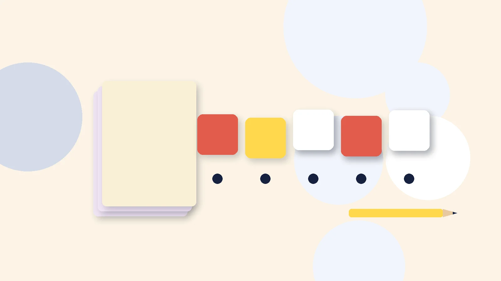 Illustrative graphic: blank colored tiles above sound dots, a stack of blank booklets and a pencil. No text.