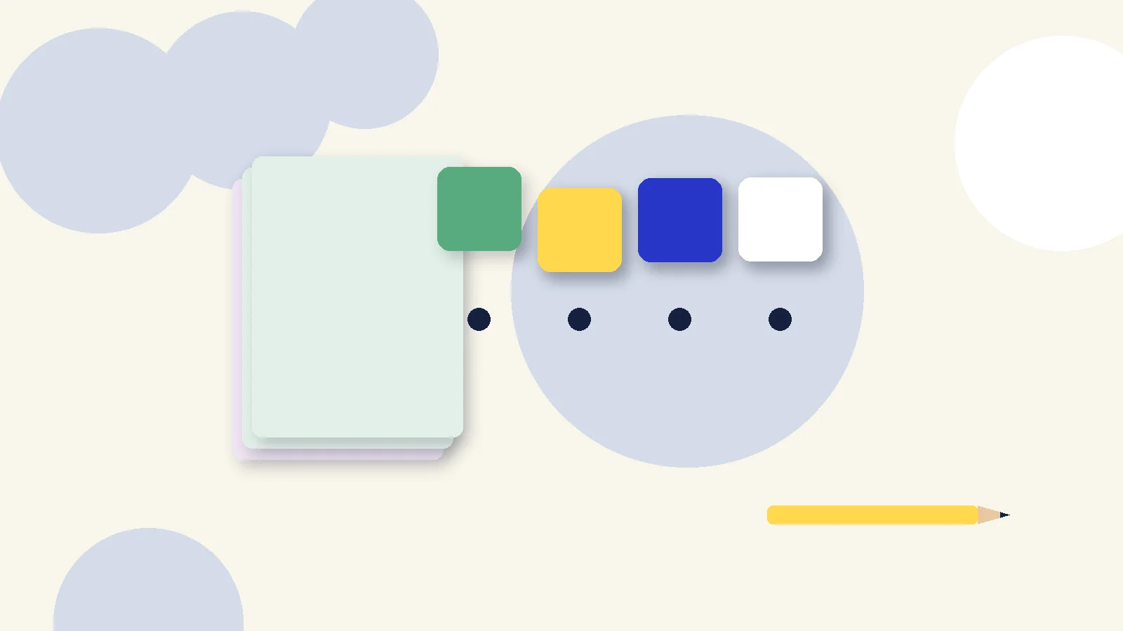 Illustrative graphic: blank colored tiles above sound dots, a stack of blank booklets and a pencil. No text.