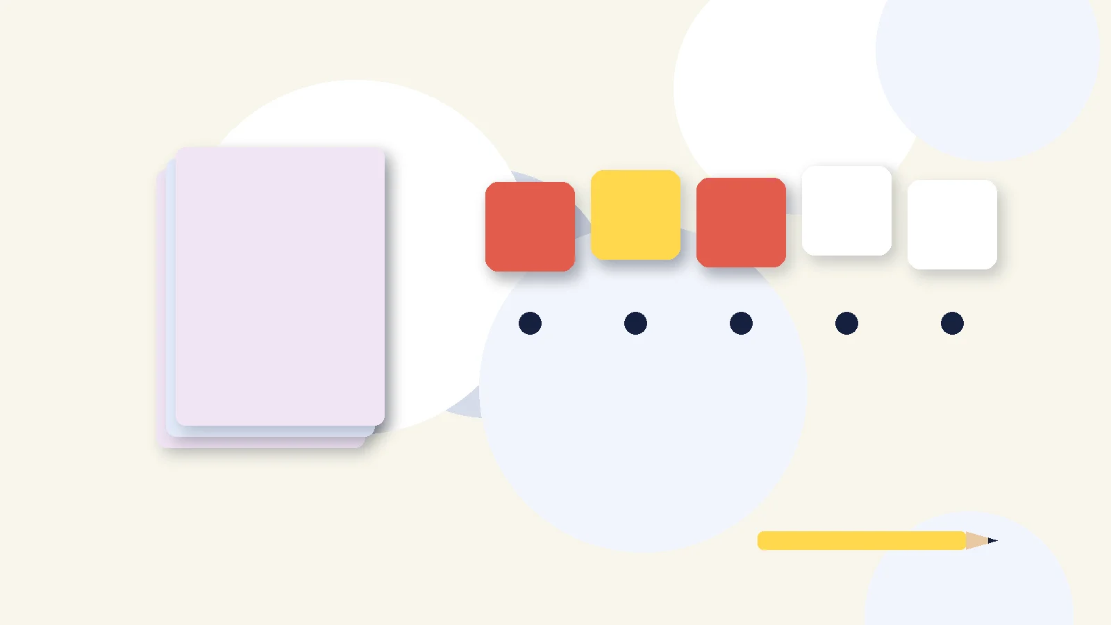 Illustrative graphic: blank colored tiles above sound dots, a stack of blank booklets and a pencil. No text.
