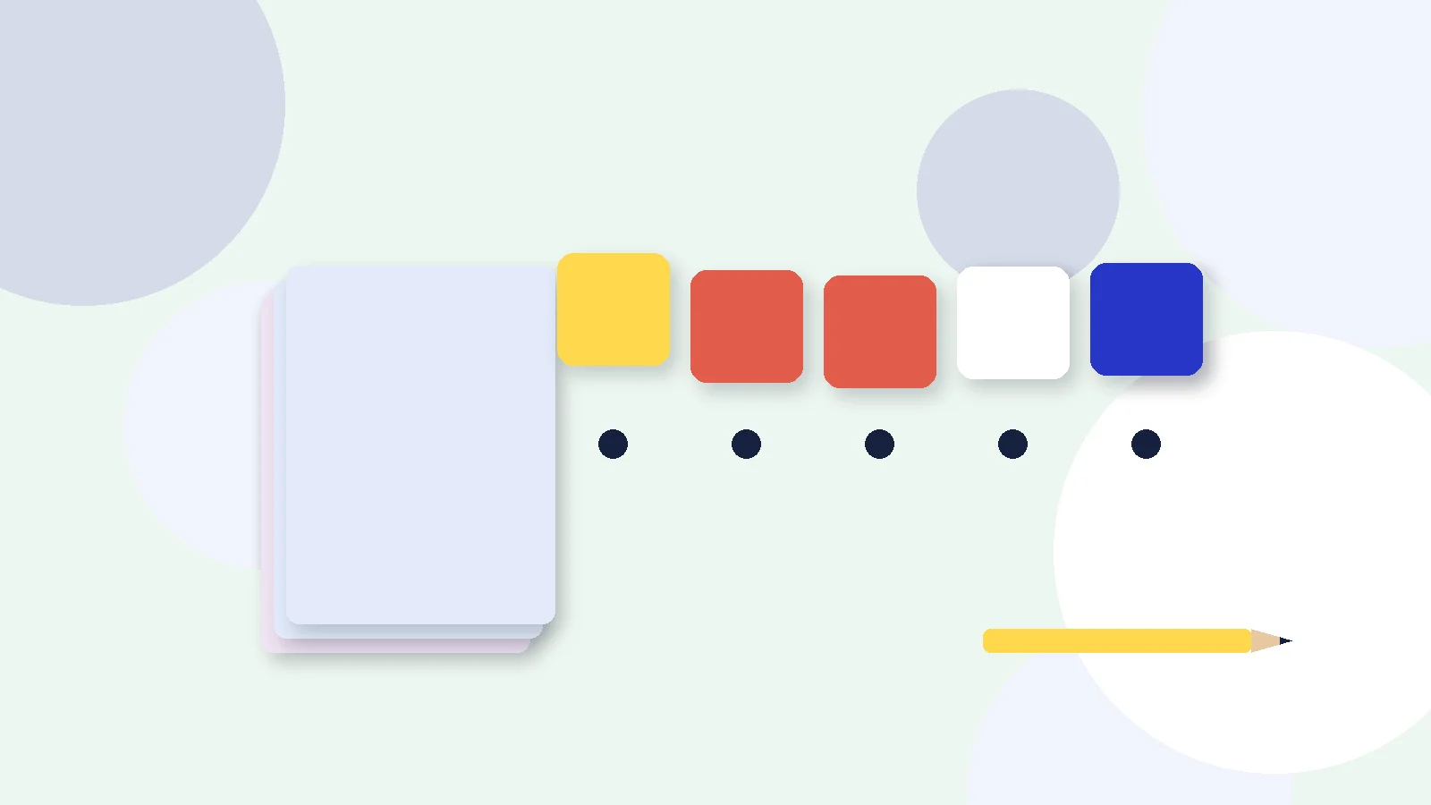 Illustrative graphic: blank colored tiles above sound dots, a stack of blank booklets and a pencil. No text.