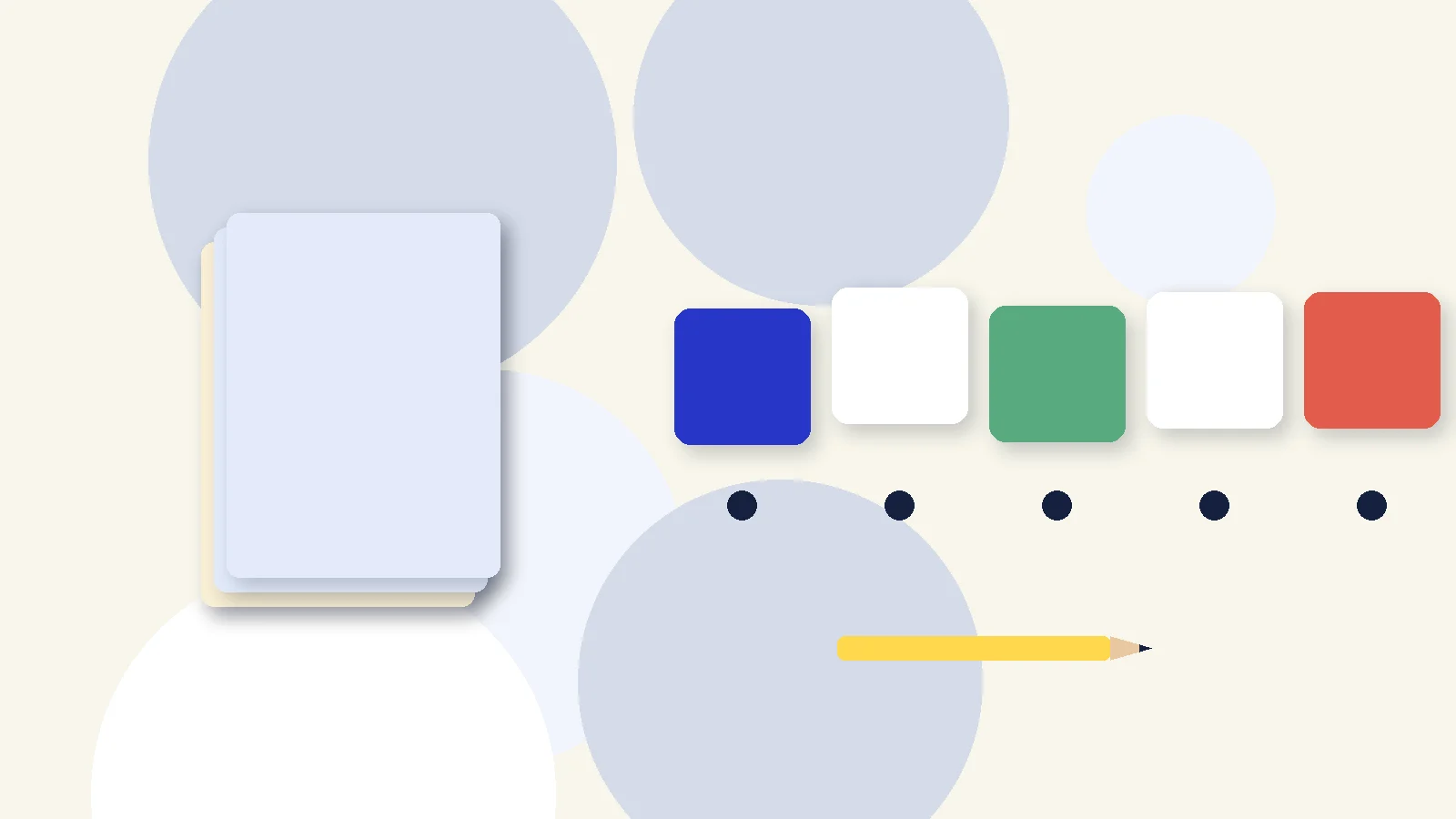 Illustrative graphic: blank colored tiles above sound dots, a stack of blank booklets and a pencil. No text.