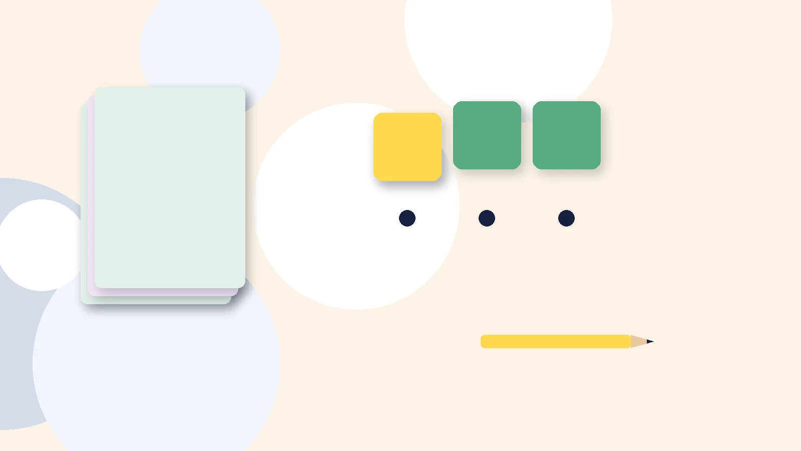 Illustrative graphic: blank colored tiles above sound dots, a stack of blank booklets and a pencil. No text.