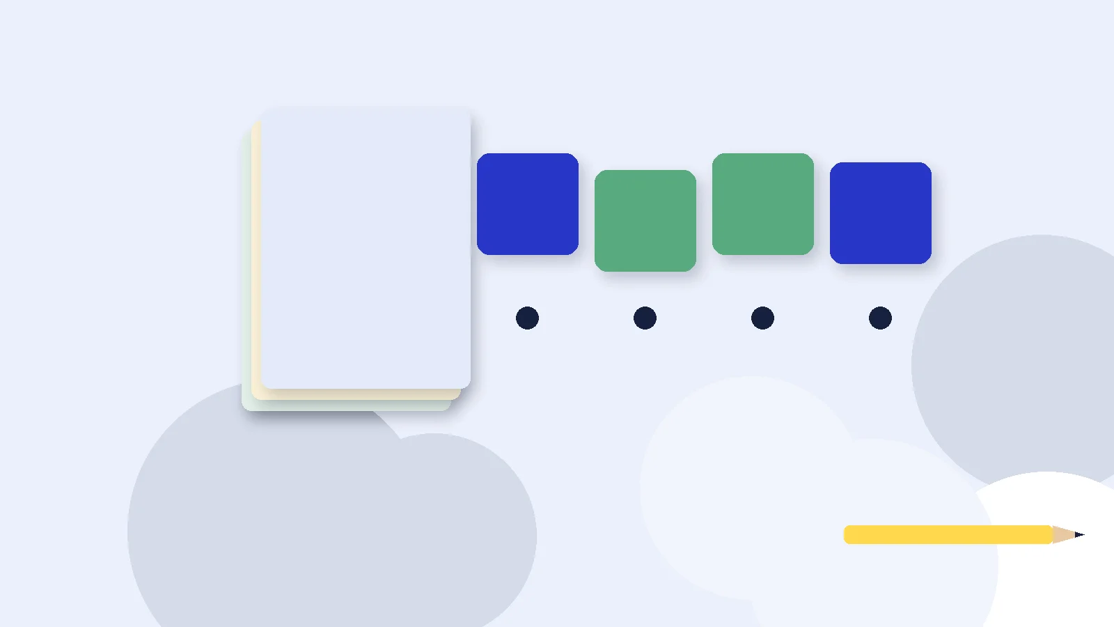 Illustrative graphic: blank colored tiles above sound dots, a stack of blank booklets and a pencil. No text.