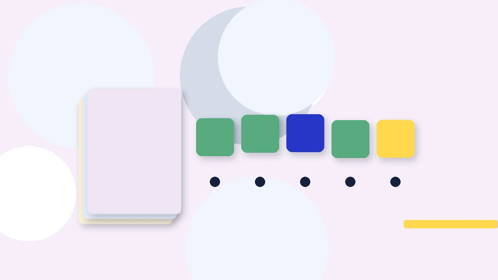 Illustrative graphic: blank colored tiles above sound dots, a stack of blank booklets and a pencil. No text.