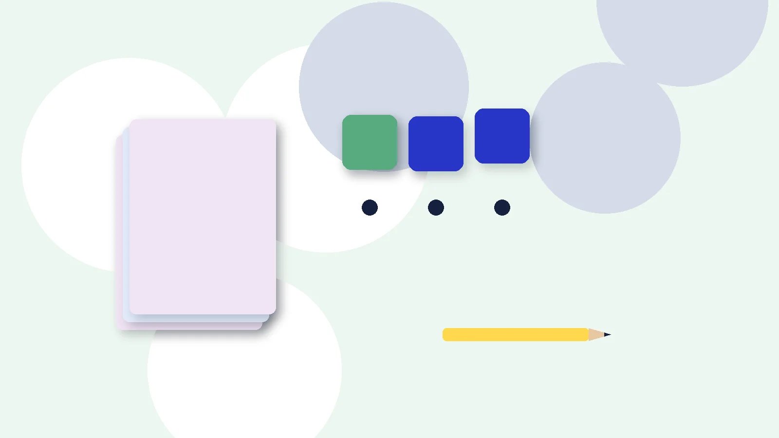 Illustrative graphic: blank colored tiles above sound dots, a stack of blank booklets and a pencil. No text.