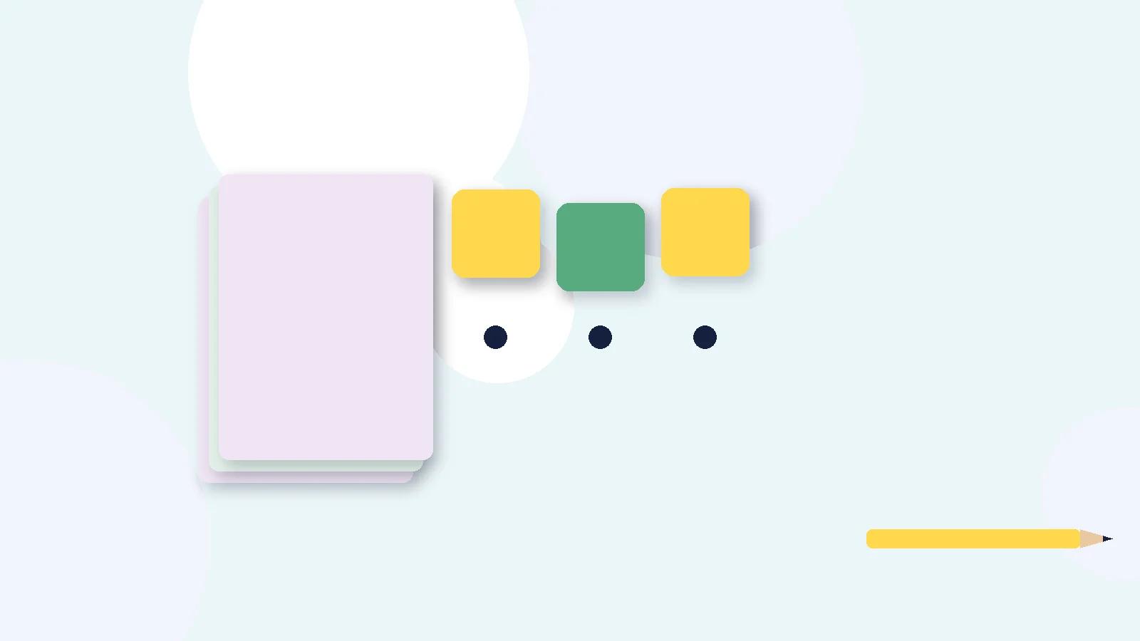 Illustrative graphic: blank colored tiles above sound dots, a stack of blank booklets and a pencil. No text.