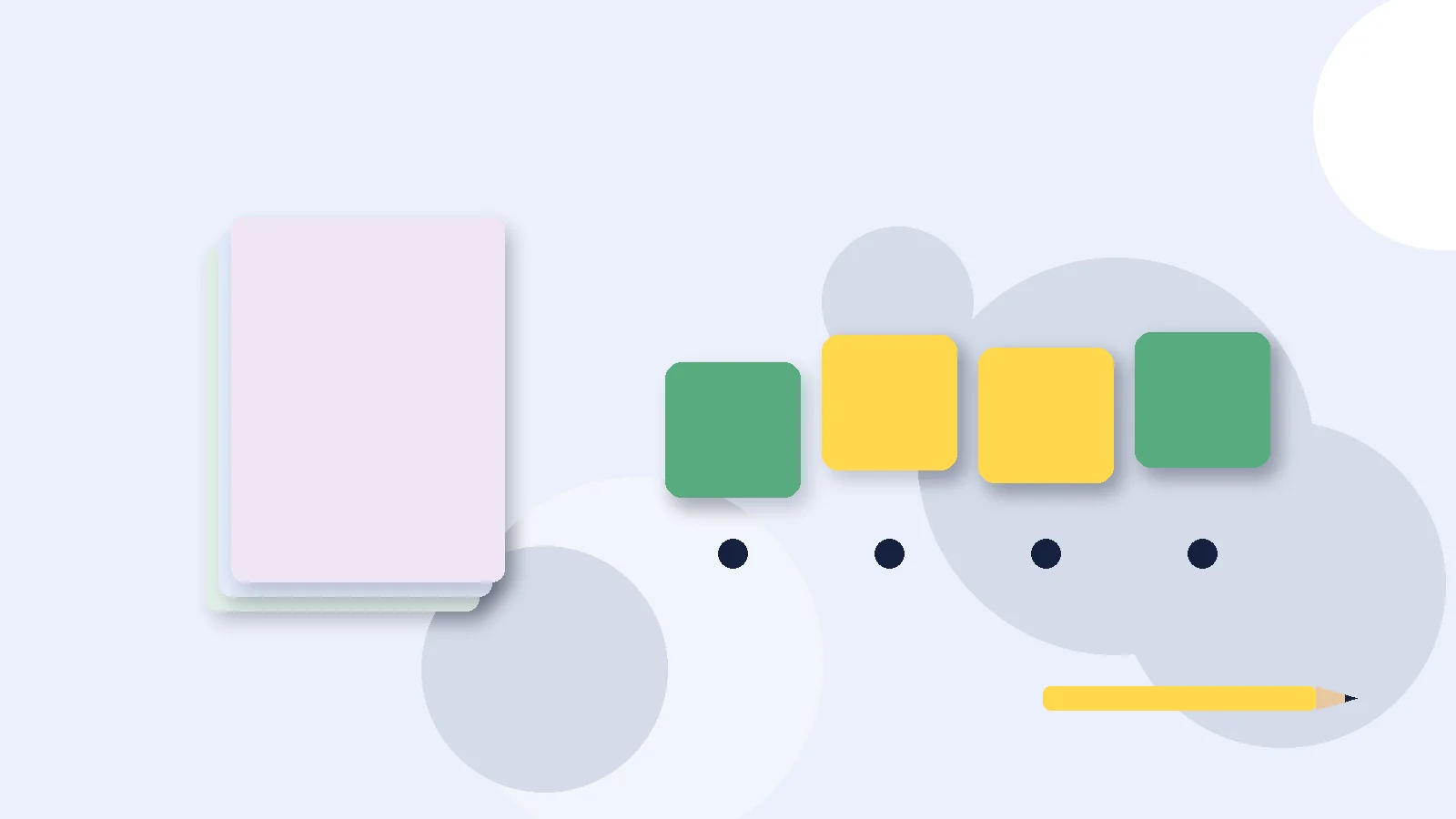 Illustrative graphic: blank colored tiles above sound dots, a stack of blank booklets and a pencil. No text.