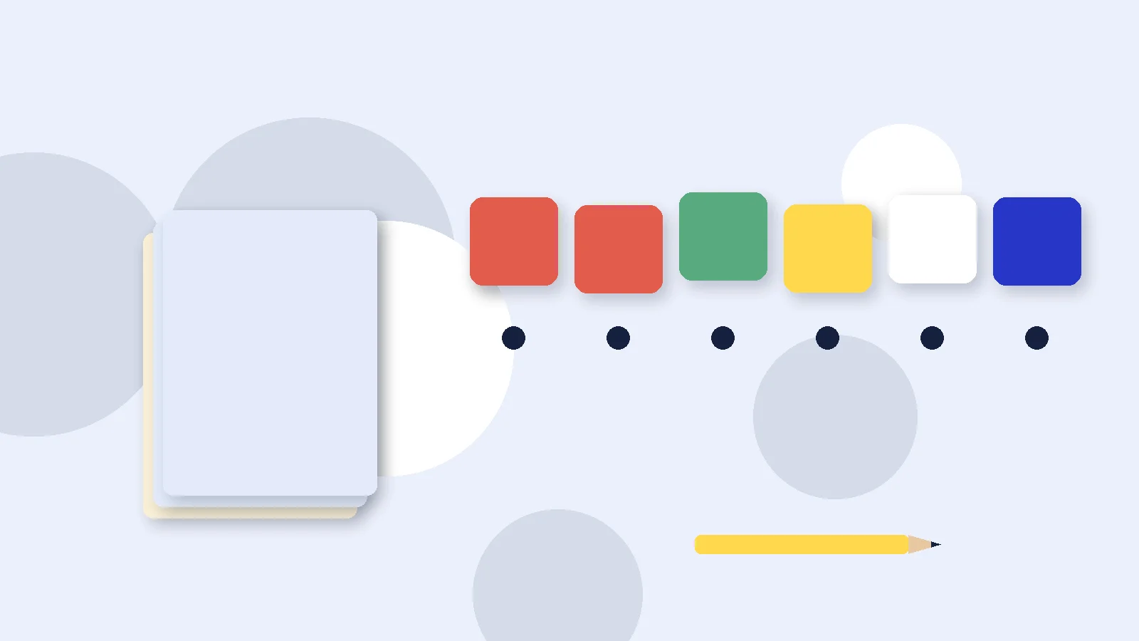 Illustrative graphic: blank colored tiles above sound dots, a stack of blank booklets and a pencil. No text.