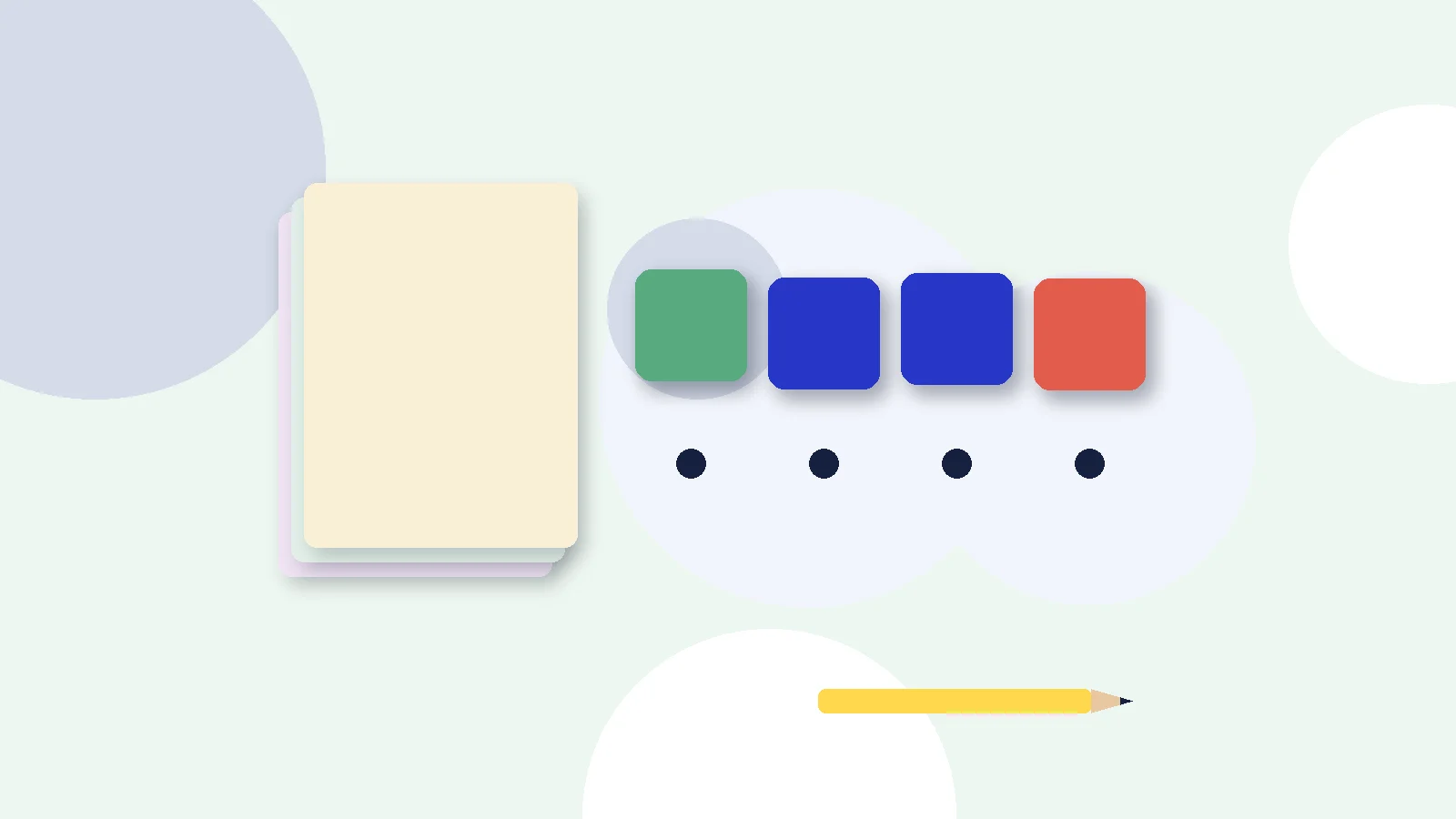 Illustrative graphic: blank colored tiles above sound dots, a stack of blank booklets and a pencil. No text.