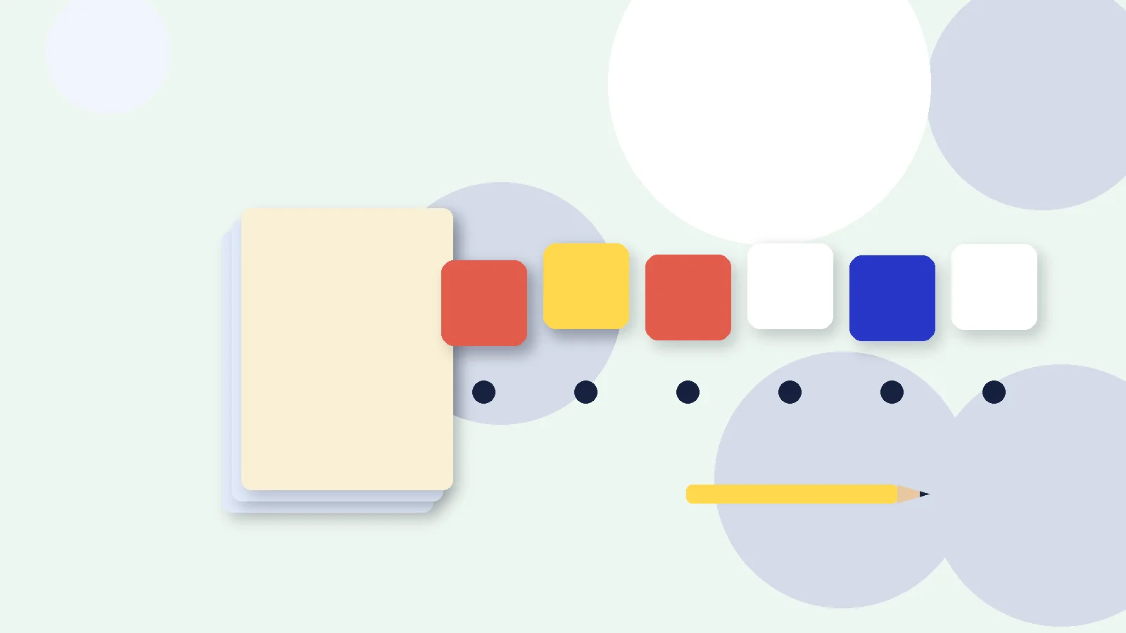 Illustrative graphic: blank colored tiles above sound dots, a stack of blank booklets and a pencil. No text.