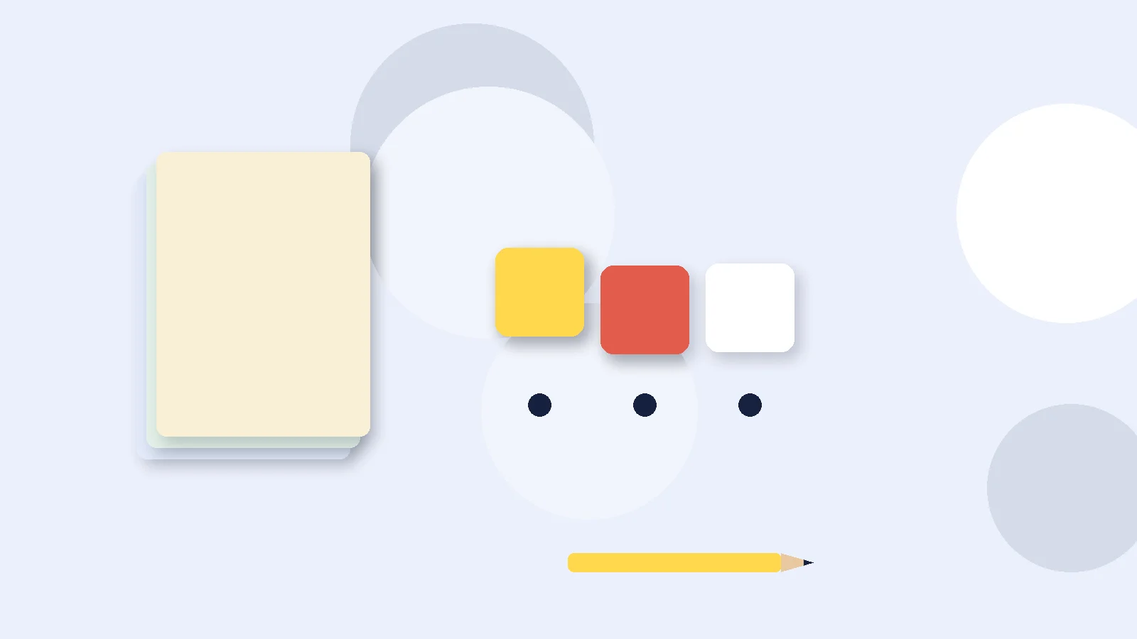 Illustrative graphic: blank colored tiles above sound dots, a stack of blank booklets and a pencil. No text.