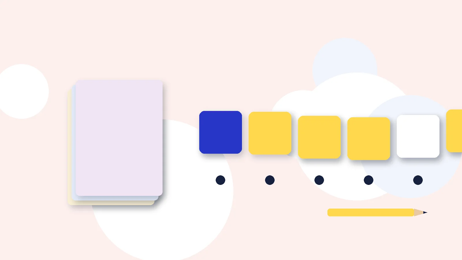 Illustrative graphic: blank colored tiles above sound dots, a stack of blank booklets and a pencil. No text.