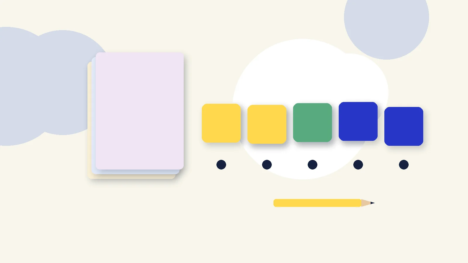 Illustrative graphic: blank colored tiles above sound dots, a stack of blank booklets and a pencil. No text.