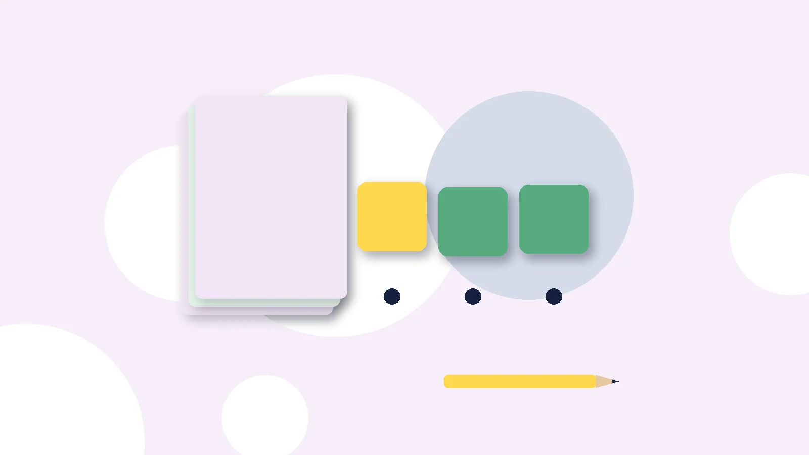 Illustrative graphic: blank colored tiles above sound dots, a stack of blank booklets and a pencil. No text.