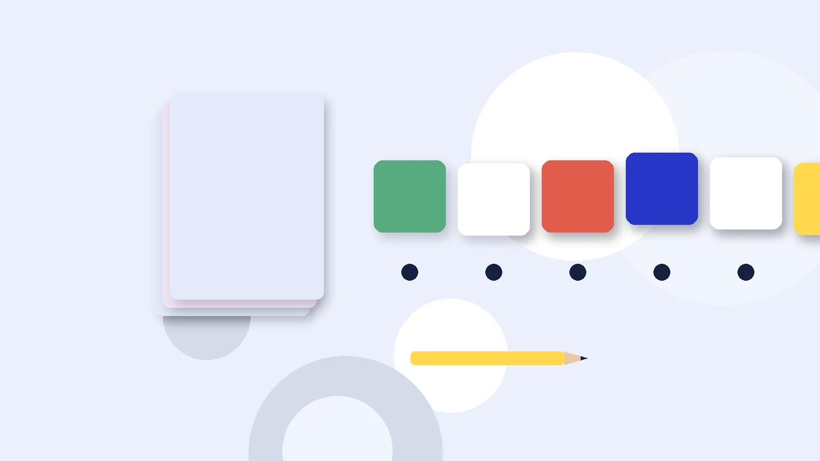 Illustrative graphic: blank colored tiles above sound dots, a stack of blank booklets and a pencil. No text.