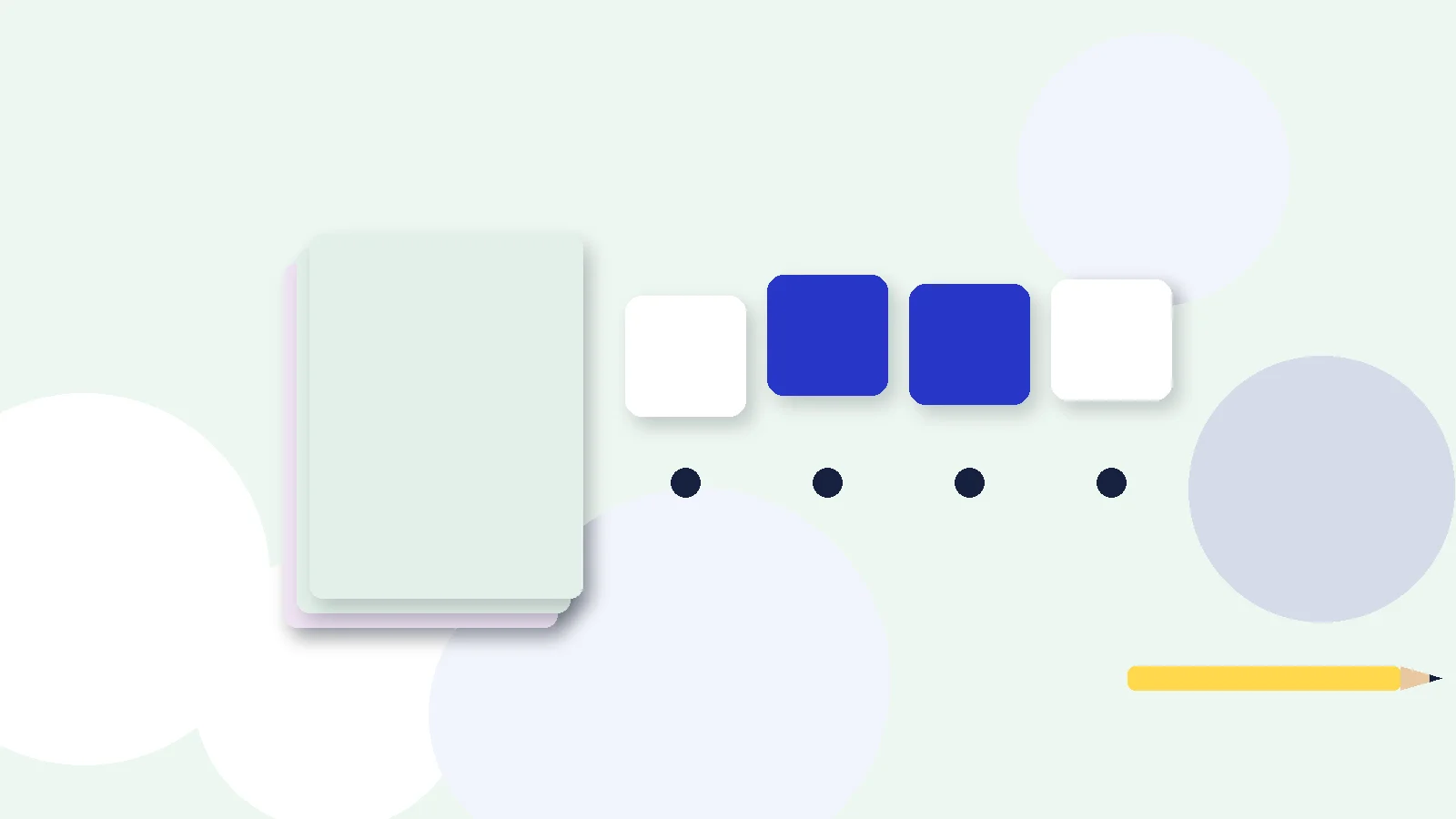 Illustrative graphic: blank colored tiles above sound dots, a stack of blank booklets and a pencil. No text.