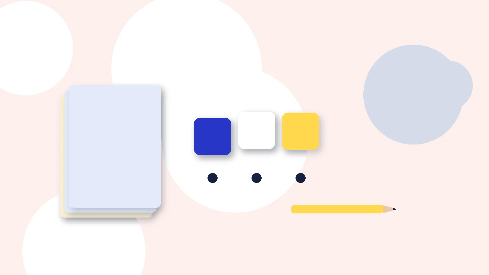 Illustrative graphic: blank colored tiles above sound dots, a stack of blank booklets and a pencil. No text.