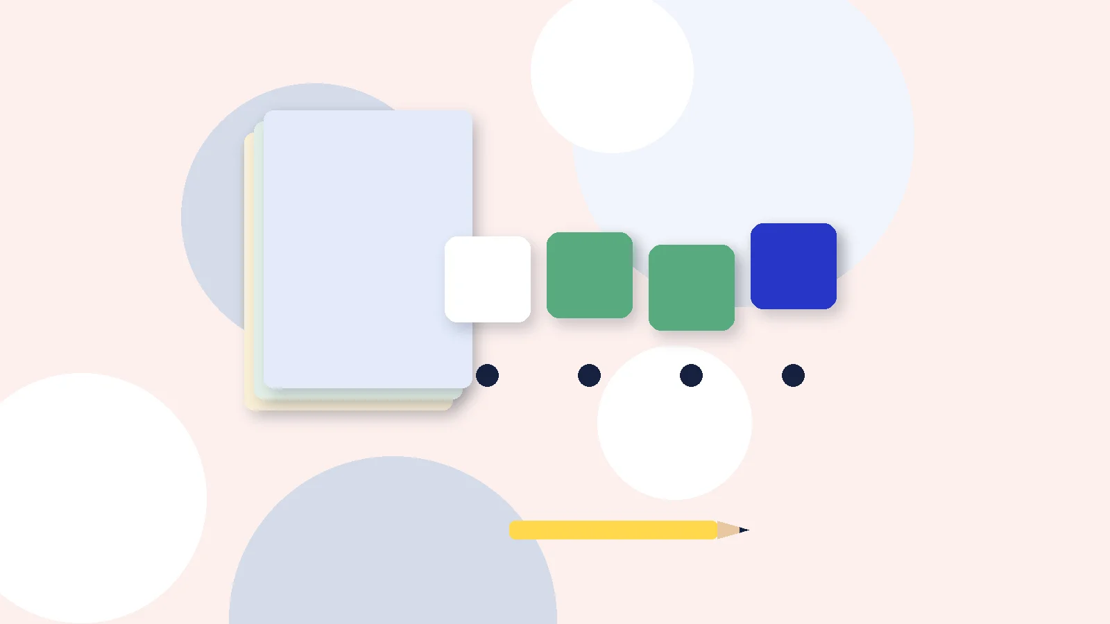 Illustrative graphic: blank colored tiles above sound dots, a stack of blank booklets and a pencil. No text.