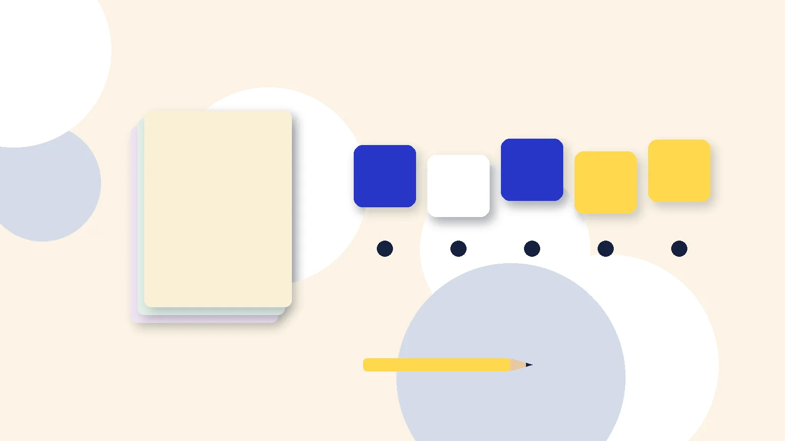 Illustrative graphic: blank colored tiles above sound dots, a stack of blank booklets and a pencil. No text.