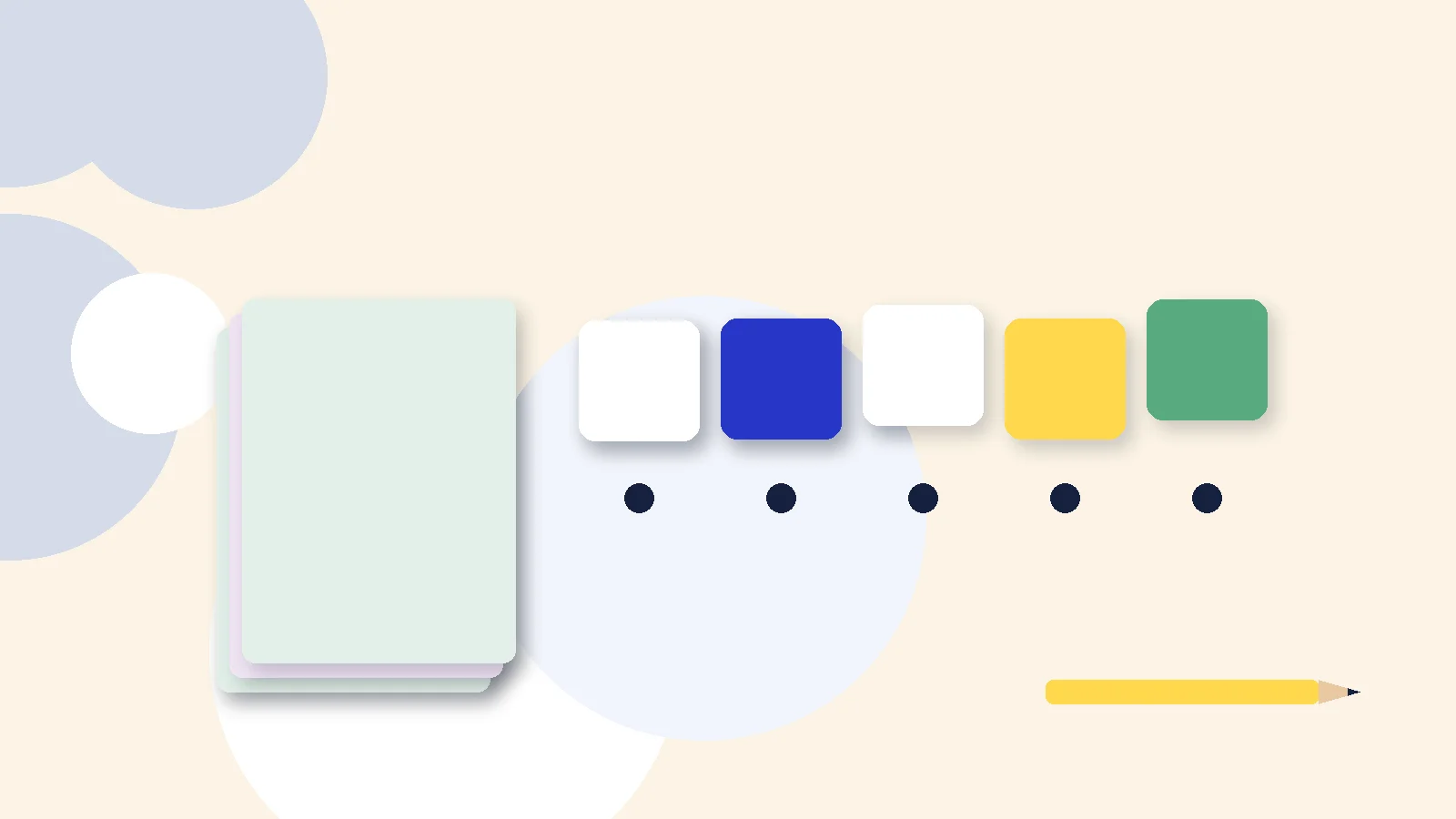 Illustrative graphic: blank colored tiles above sound dots, a stack of blank booklets and a pencil. No text.