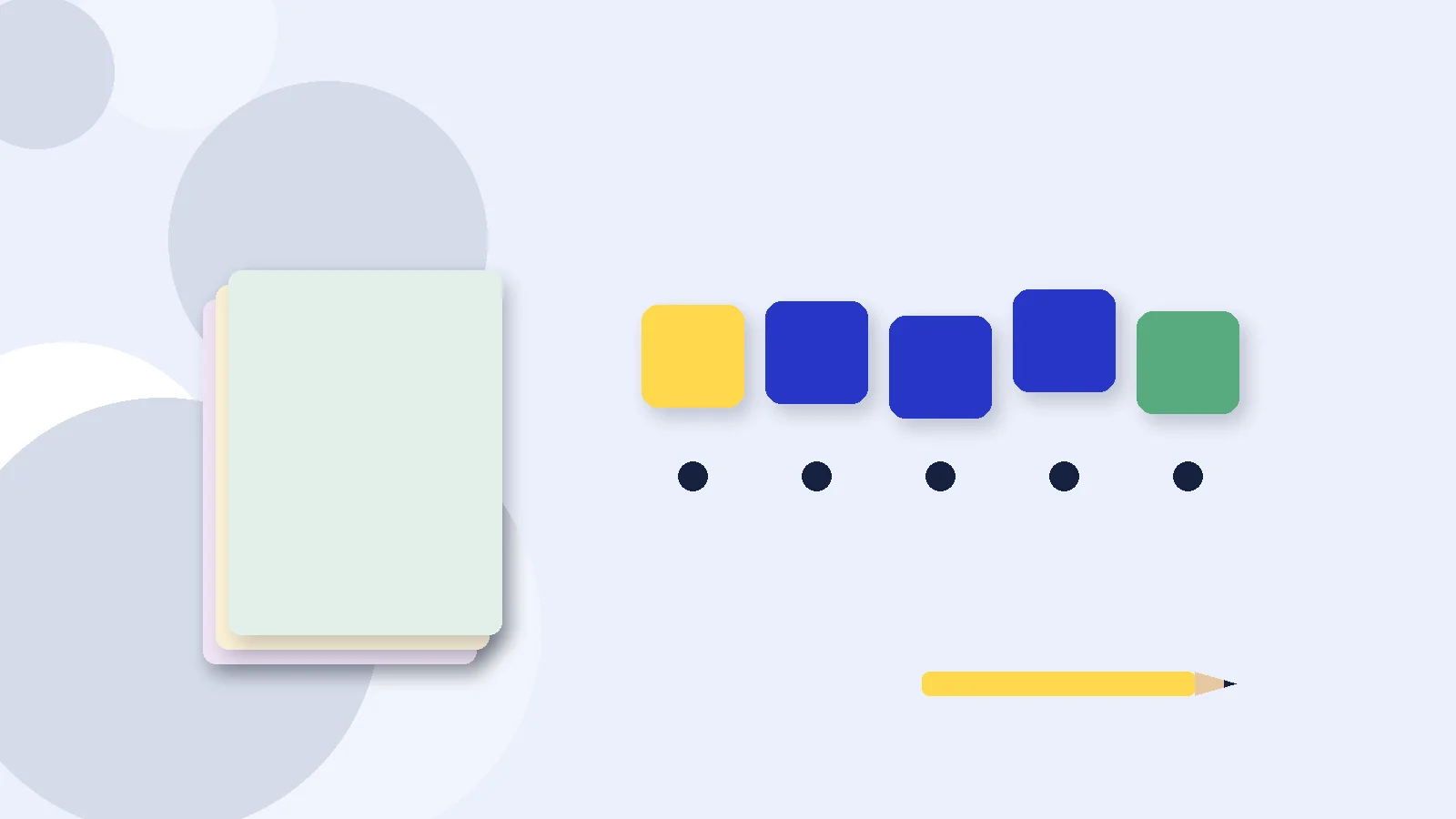 Illustrative graphic: blank colored tiles above sound dots, a stack of blank booklets and a pencil. No text.