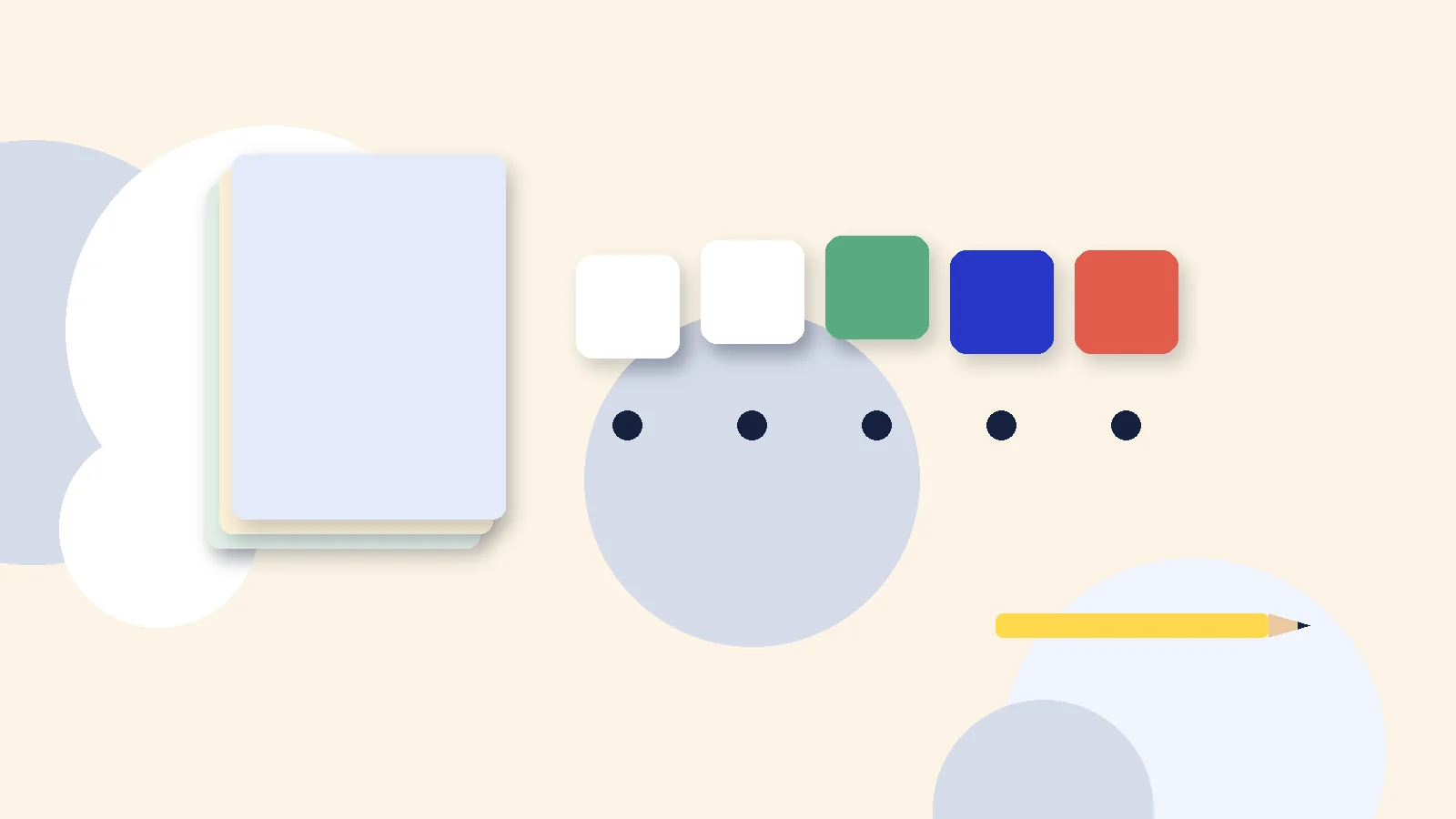 Illustrative graphic: blank colored tiles above sound dots, a stack of blank booklets and a pencil. No text.
