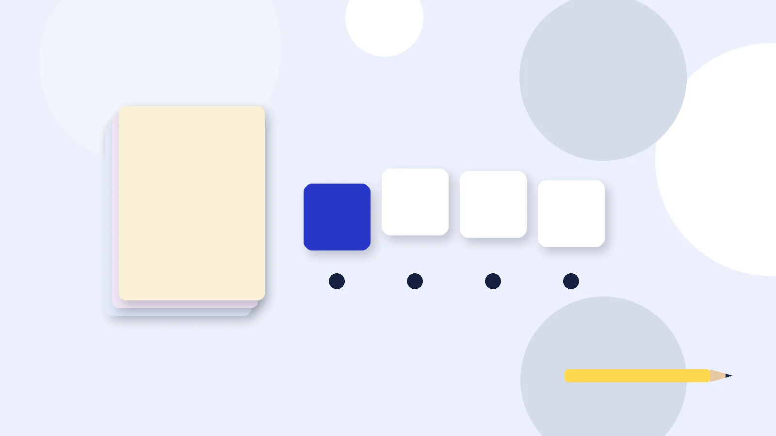 Illustrative graphic: blank colored tiles above sound dots, a stack of blank booklets and a pencil. No text.
