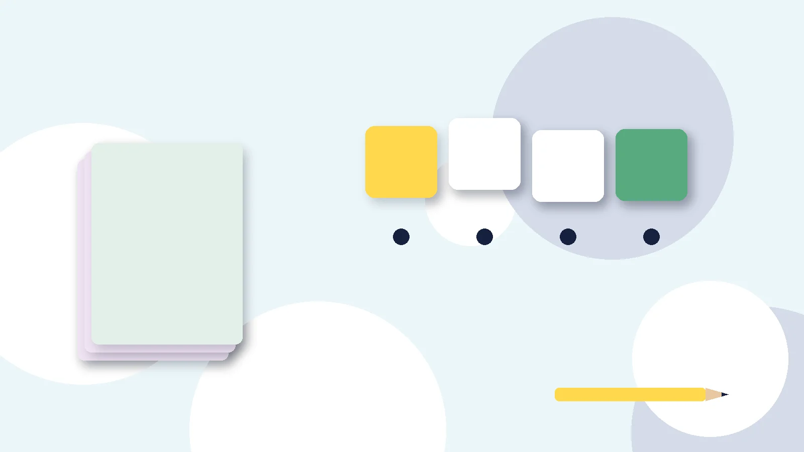 Illustrative graphic: blank colored tiles above sound dots, a stack of blank booklets and a pencil. No text.