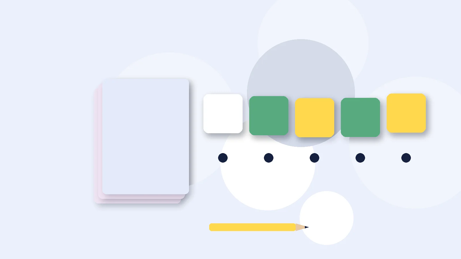 Illustrative graphic: blank colored tiles above sound dots, a stack of blank booklets and a pencil. No text.