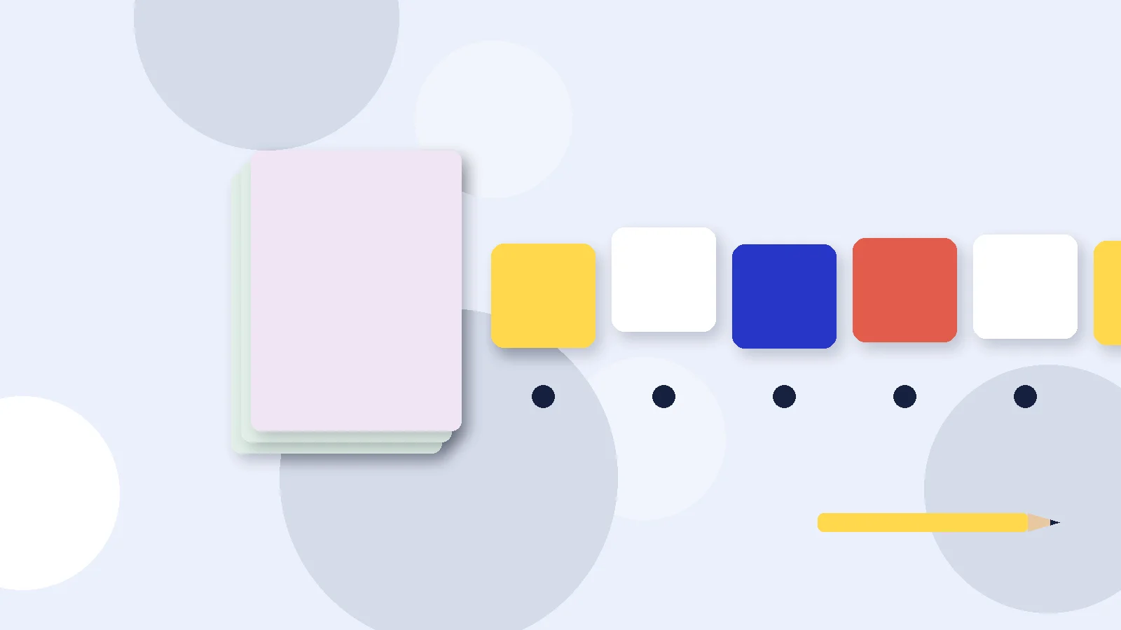 Illustrative graphic: blank colored tiles above sound dots, a stack of blank booklets and a pencil. No text.