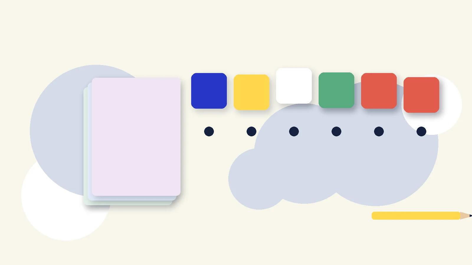 Illustrative graphic: blank colored tiles above sound dots, a stack of blank booklets and a pencil. No text.