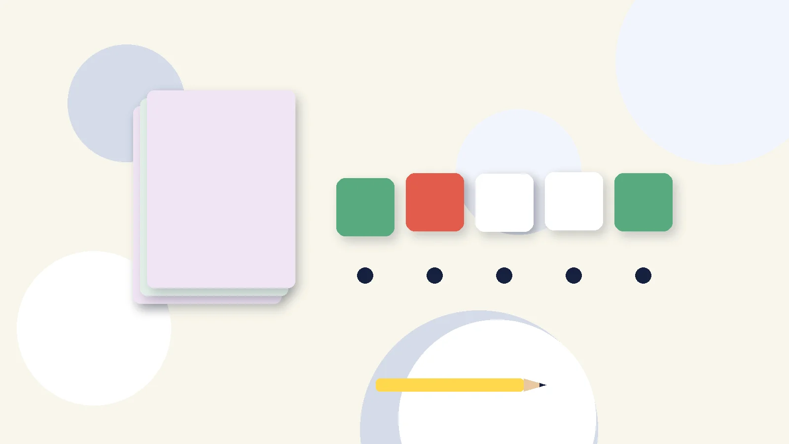 Illustrative graphic: blank colored tiles above sound dots, a stack of blank booklets and a pencil. No text.