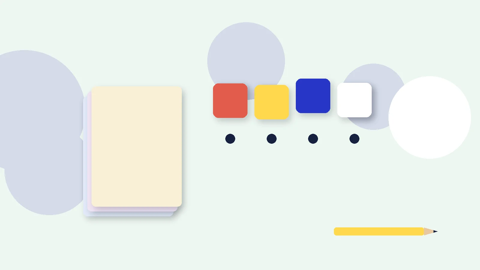 Illustrative graphic: blank colored tiles above sound dots, a stack of blank booklets and a pencil. No text.